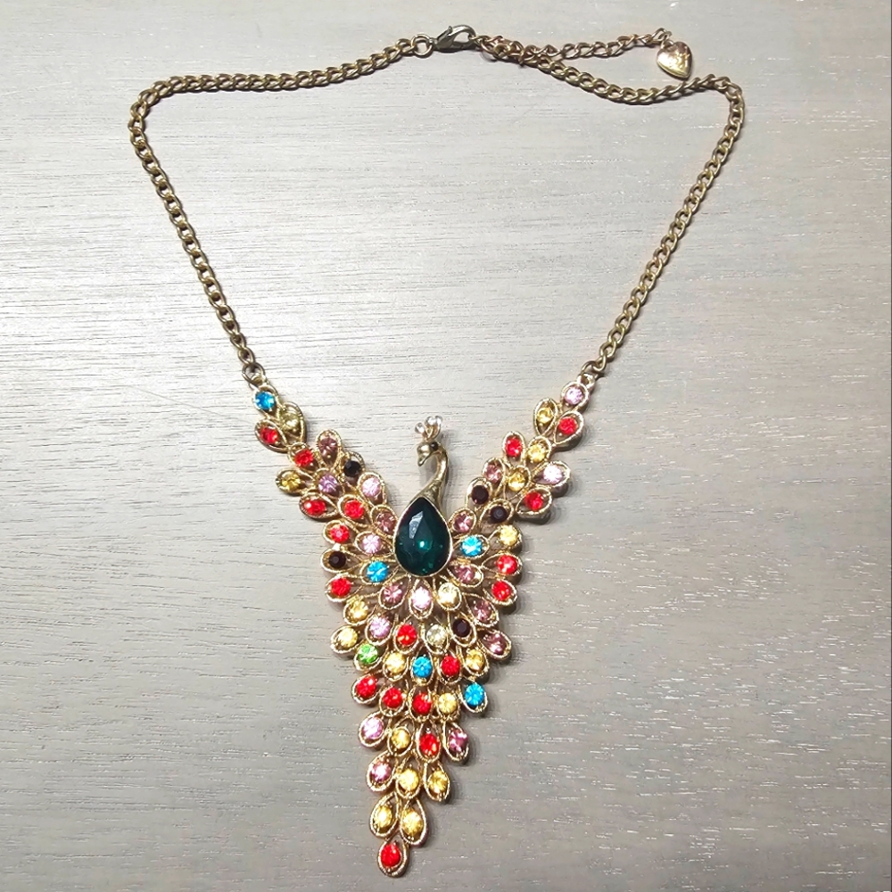 Betsey Johnson Multicolor Crystal Peacock Pendant Necklace - Gold